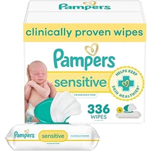 Pampers Baby Wipes, Sensitive, Water Based Wipe, Clinically Proven, Hypoallergenic, and Unscented for Babies, 336 Wipes Total (4 Flip-Top Packs)