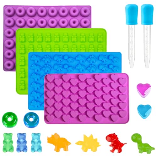 Gummy Candy Molds - Silicone Gummy Dinosaur/Donut/Small Hearts Shapes/Bear Mold with 2pcs Dropper,Non-stick and Bpa Free for Mini Candy Chocolate Gummies Baking