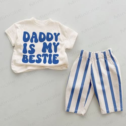 DADDY IS MY BESTIE Baby Blue Vertical Striped 2-piece Set