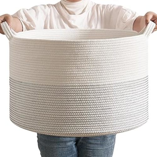 CLHMILY&Z Large Woven Storage Basket - 22x14.2 Inches - Modern Nursery Bin, Round Baby Toy Organizer, Soft Cotton Hamper for Home Decor, Multi-Purpose Home Tidy Solution
