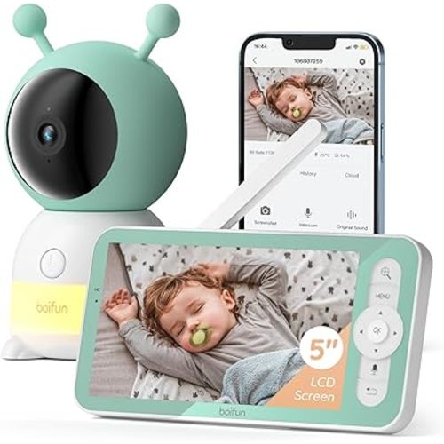 BOIFUN 2K WiFi Baby Monitor with Camera and Audio,Smartphone APP, Colorful Night Light, Smart AI Motion & Sound & Humidity & Temperature Detection, Auto Tracking,5-Inch Monitor Control, Night Vision