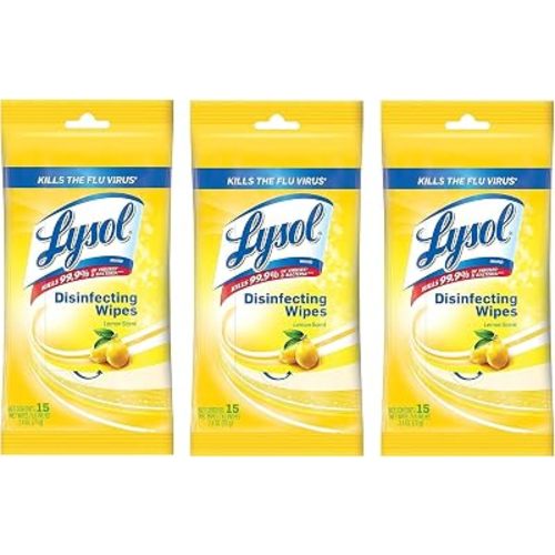 Lysol Disinfecting Wipes To-Go Pack, Lemon Scent, 15 Count (Pack of 3)