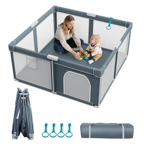 Foldable Baby Playpen - 71"×59" Collapsible Play Pen for Babies and Toddlers - Indoor Outdoor Foldable Play Yard with 4 Handles - Folding Baby Playpen with Bag Portable Travel Play Yard
