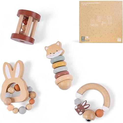 Wooden Baby Toy Set, Montessori Grasping Toys for Infants 10M+, Bunny & Bear Themed Natural Wood Sensory Toys, Fine Motor Skill Development Gift for Boys & Girls