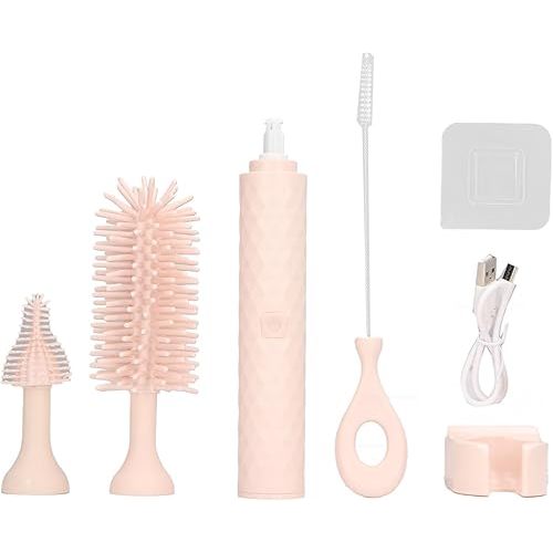 Garosa Electric Bottle Brush Electric Cleaning Brush Set Bottle Brush Pacifier Brush Straw Brush Pacifier Cleaning 2 Speeds Rotating Silicone (Pink)