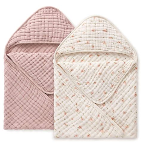Blissful Diary Muslin Baby Hooded Towel 2 Pack, Soft & Absorbent Bath Towel for Baby Girls, Infant Gift, Newborn Essentials, Pink Floral & Light Pink