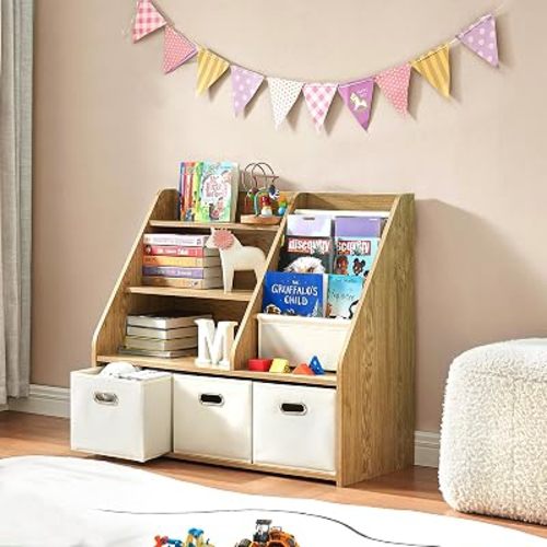 Montessori Kids Bookshelf Toy Storage Organizer, 32" W x 16" D x 32" H, Sturdy Front-Facing Display Shelf with Removable Fabric Bins for Toddlers & Preschoolers