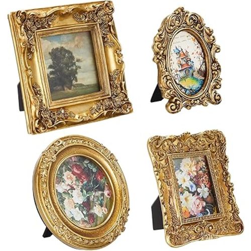 Qunclay 4 Pcs Small Vintage Picture Frame Round Rectangle Gold Ornate Antique Picture Frames for Tabletop Display Wall Hanging Home Decor(5.7" X 4.7",5.7" X 5.7",3.9" X 4.7",6.7" X 6.7")