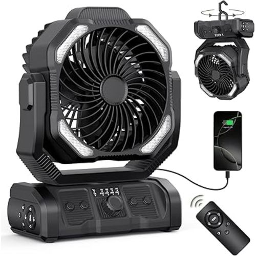 ONLYNEW Portable Camping Fan Rechargeable 20000mAh Battery Operated Oscillating Fan USB C Battery Powered with LED Lantern, Head Rotation,Timer, Remote Auto, Hook for Tents Travel Outdoor Beach Black