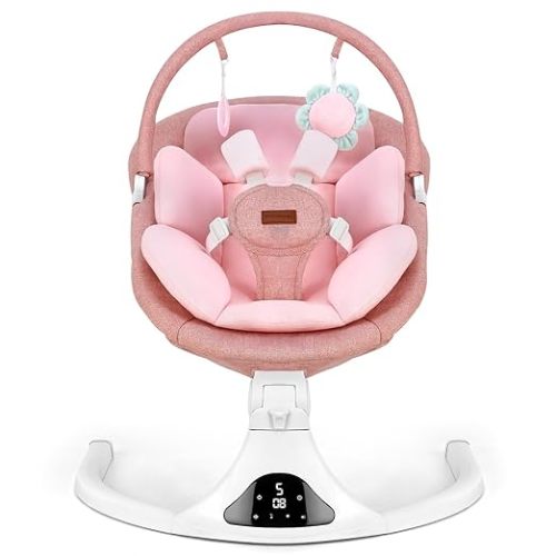 Baby Swing, Infant Swing with Remote Control, 5 Speed Adjustable, Machine Washable Seat Pad, 5 Point Safety Harness, Bluetooth Music, Electric Swing for Babies, Indoor Outdoor Use (Pink)