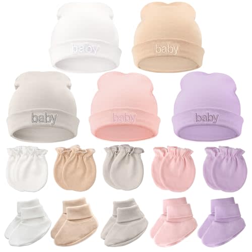 BQUBO Newborn Baby Hat Mittens Socks Set Infant Cotton Beanie Gloves Thick Warm Socks for 0-6 Months Boys Girls