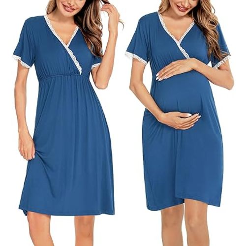 SWOMOG Women 3 in 1 Delivery/Labor/Nursing Nightgown Short Sleeve Pleated Maternity Sleepwear for Breastfeeding