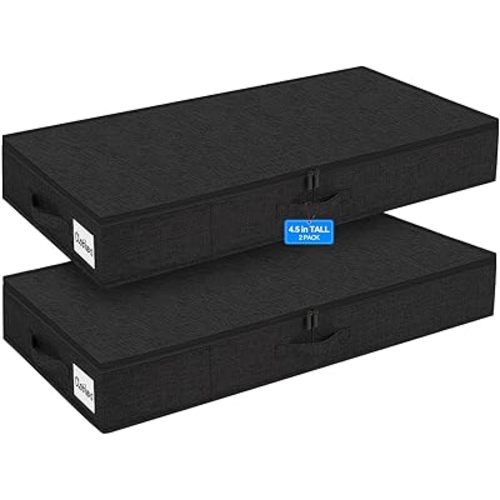 punemi Under Bed Storage Containers, 4.5 Inches Tall Low Profile Underbed Clothes Storage Organizer Bin with Sturdy Side & Bottom, Use as Shallow Dorm Storage Under Bed, Flat Clothes Organizer, Black