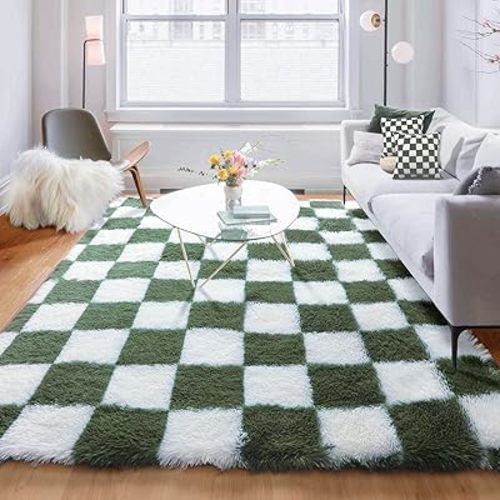 KICMOR Area Rug 5x7 for Living Room, Soft Fluffy Olive Green and White Checkered Shag Rugs Shaggy Fuzzy Carpet for Bedroom, Indoor Furry Plush Floor Rug for Kids Boys Girls Dorm Nursery Home Decor