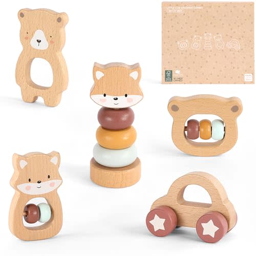 Freniland Wooden Montessori Toys, 5-Piece Wooden Baby Toys, Bear Wooden Baby Rattle, Fox Stacking Ring,Wooden Car Push and Pull Toys, Bear Grasping Toys,Newborn Baby Gift Sets for Boys and Girls