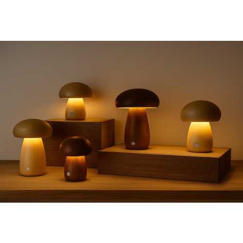 Wooden Mushroom Night Light Dimmable Touch Lamp, USB Powered, Cozy Bedroom Decor, Unique Gift for Kids and Adults