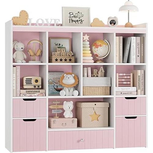 HORSTORS 48" W Kids Toy Storage Organizer, Large Toy Storage Chest with Removable Bins, 46" H Kids Bookshelf and Bookcase with Drawers for Boys and Girls, Modern Toy Box for Playroom, Classroom, Pink