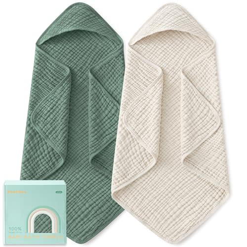 Yoofoss Hooded Baby Towels for Newborn 2 Pack 100% Muslin Organic Cotton Baby Bath Towel with Hood for Babies, Infant, Toddler and Kids, Large 32x32Inch, Soft and Absorbent Newborn Essential