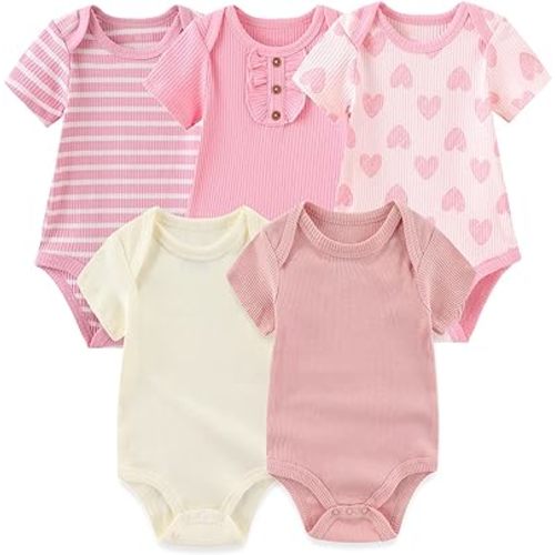 MAMIMAKA Newborn Baby Short Sleeve Bodysuit Cotton One-Piece Baby Clothes 5-Pack, 0-12 Months