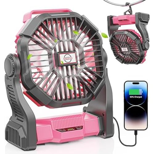 20000mAh Portable Battery Powered Camping Fan - with LED Light, Quiet Battery Operated, Camping Gear for Travel, Tent, Beach, Car or Hurricane Power Outages, Pink