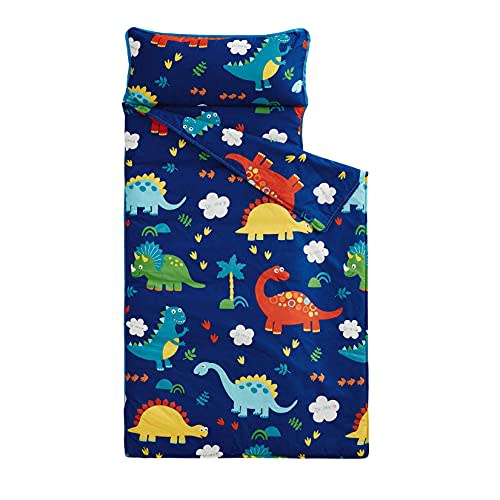 Wake In Cloud - Toddler Nap Mat with Pillow and Blanket, 100% Cotton Fabric, for Kids Boys Ages 3 Plus in Daycare Kindergarten Preschool, Roll Up Sleeping Bag, Cute Dinosaurs