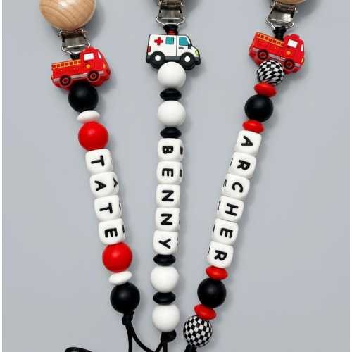Personalized Name Pacifier Clip, Fire Truck Ambulance Baby Shower Gift
