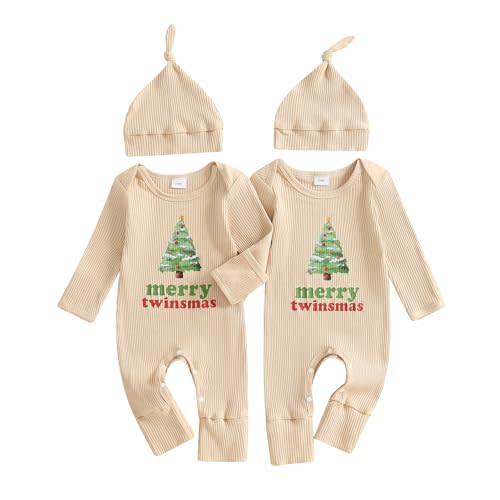Newborn Baby Girl Boy Twins Christmas Matching Outfits Knitted Romper Mitten Cuffs Jumpsuit with Hat Fall Clothes