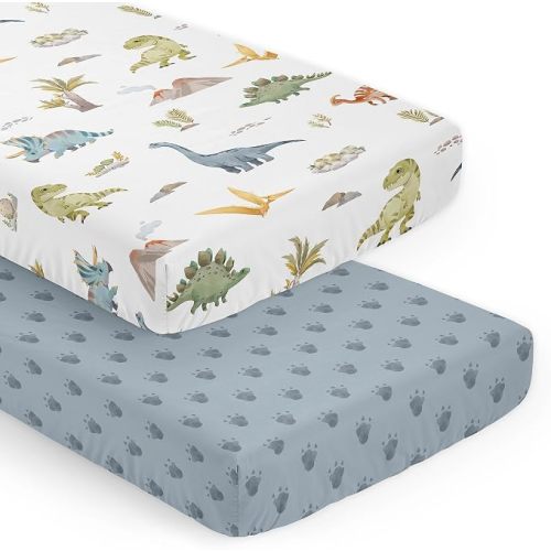 Sweet Jojo Designs Watercolor Dinosaur Dino Boy Baby Fitted Crib Sheet Set Infant Newborn Nursery Toddler Bed Room Standard Mattress 2p Blue Tracks Footprint Green Modern Dinosaurs Animal Nature