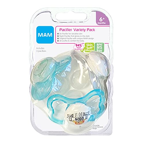MAM Variety Pack Baby Pacifier, Includes 3 Types of Pacifiers, Nipple Shape Helps Promote Healthy Oral Development, 6-16 Months, Unisex, 3 Count (Pack of 1)