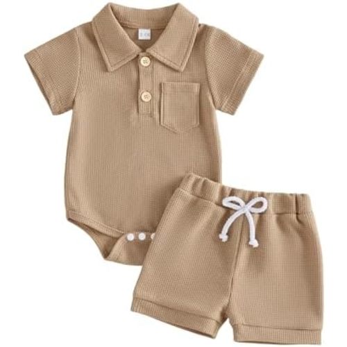 Newborn Baby Boy Summer Outfit Solid Color Waffle Knit Short Sleeve Collared Romper Shorts Set 0 3 6 9 12 18 Months