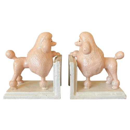 Cast Iron Pink Poodle Dog Bookends on White Base - Book Ends