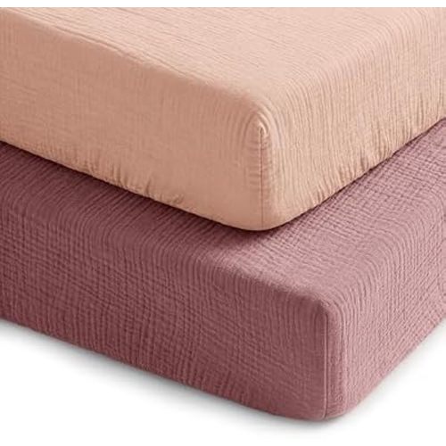 Comfy Cubs 100% Muslin Crib Fitted Sheet 2 Pack, Mauve and Blush - 100% Cotton, Soft & Breathable Crib Sheets for Toddler Mattress - Snug Fit, Secure Elastic with Beautiful Packaging