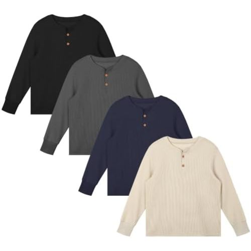 Resinta 4 Pack Toddler Boys Henley Long Sleeve Shirts Boys Waffle Thermal Shirt Henley Long Sleeve Shirts for Boys Size 2-12