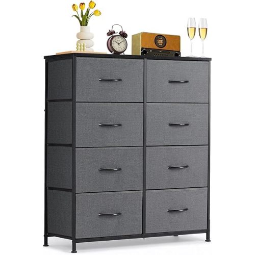8-Drawer Dresser for Bedroom, Anti-Tip Tall Storage Organizer Chest of Drawers with Wooden Top and Metal Frame Fabric Bins for Closet, Living Room, Hallway, Entryway, Gray