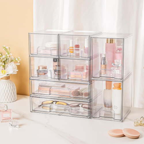Sindcom Stackable Storage Drawers Set of 8,Clear Plastic Organizer Bins for Makeup, Cosmetics, Beauty Supplies