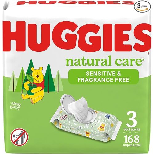 Huggies Natural Care Sensitive Baby Wipes, Unscented, Hypoallergenic, 99% Purified Water, 3 Flip-Top Packs (168 Wipes Total)