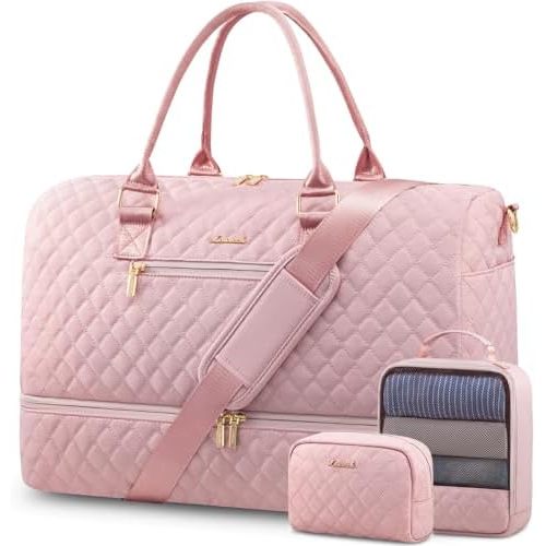LOVEVOOK Travel Duffle Bag for Women, Weekender Overnight Bag with Shoe Compartment, Carry on Bag with Toiletry Bag, Gym Duffel Bag with Wet Pocket, Hospital Bags for Labor and Delivery 3 Pcs Set