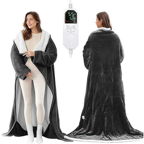KINGTE Wearable Heated Blanket Portable with Sleeves & Foot Pocket - Electric Snuggle Throw Blanket, 8 Heat Settings, 1-12H Auto Shut-Off, 50"x70"+14" Electric Blanket, for Her/Him/Family