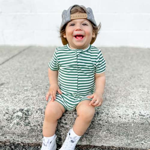 Eucalyptus Green Stripe Small Ribbed Summer Zip Romper