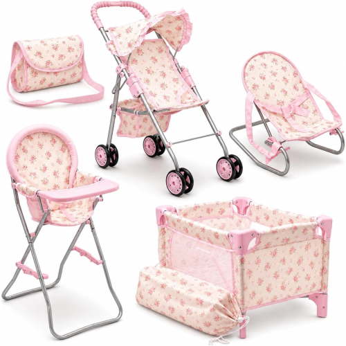 Dolls To Play Baby Doll Nursery Playset with Stroller, High Chair, Rocking Chair & Bed, Pink Floral Accessories Set