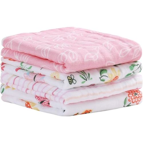 Viviland Baby Muslin Burp Cloths, Super Absorbent Washcloths for Baby Girl and Boy, 10 x 20 inches 6-Layer Baby Bath Towels, Flowers & Butterflies 4 Pack