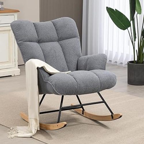 Rocking Chair Nursery Teddy, Upholstered Baby Fluffy Glider Rocker for Adults Indoor, Comfy Sherpa Compact Nursing Chairs for Small Spaces, Living Room, Classroom, Bedroom, Darkgrey