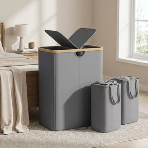 LEDREM Laundry Hamper with Lid and Removable Liner, Large Basket, 23.8 Gal., 20.7 x 15.2 x 29.5 Inches, Lead Gray