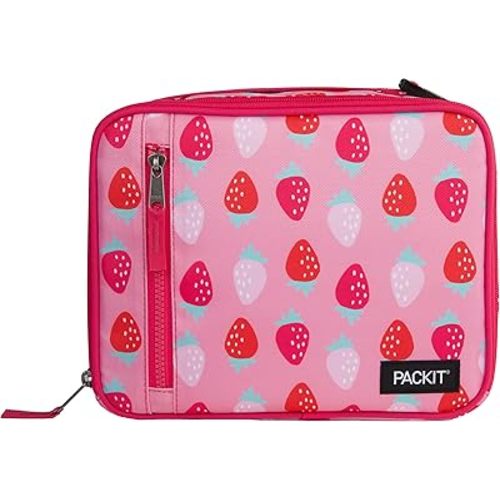 PackIt Freezable Classic Lunch Box, Sweet Strawberry, Built with ECOFREEZE Technology, Collapsible, Reusable, Zip Closure With Zip Front Pocket and Buckle Handle, Designed for Fresh Lunch On the Go