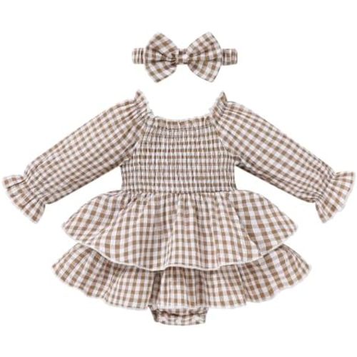 Happy Town Baby Girl Romper Cute Infant Girls Cotton Clothes Long Sleeve Dress with Headband Fall Winter Outfits