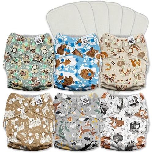 Mama Koala 3.0 Cloth Diapers for Babies with AWJ Lining, 6 Pack with 6 5-Layer Natural Cloth Diaper Inserts - Reusable and Washable Pocket Diapers(A-Animals' Love)