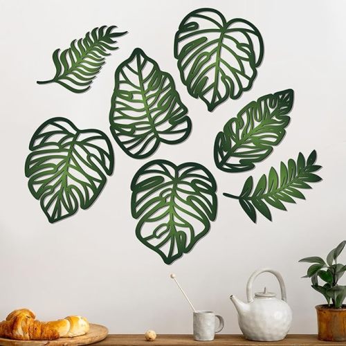 Namalu 7 Pcs Tropical Wall Decor Jungle Monstera Wall Art Boho Palm Leaf Wooden Decoration Tropical Nursery Decor Vintage Natural Monstera Leaf Plaque for Farmhouse Kitchen Bedroom Garden(Green)