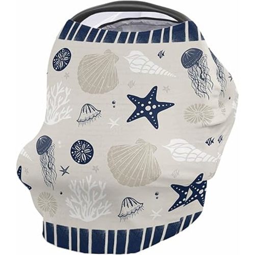 Nursing Cover for Breastfeeding Scarf, Blue Ocean Marine Life Shell Coral Baby Car Covers Super Soft Multi Use for Canopy Shopping Cart Cover Blanket Stroller Cover