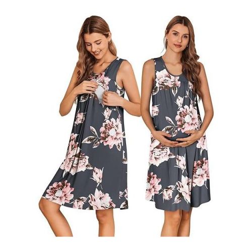 Ekouaer Maternity Nursing Dress Nightgown Labor and Delivery Gown Sleeveless Pregnancy Breastfeeding Dresses Grey Pink Floral S