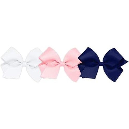 Wee Ones Girls' Medium Bow 3 Pack Set Solid Grosgrain Variety Pack on a WeeStay No-Slip Hair Clip - White, Light Pink, and Light Navy